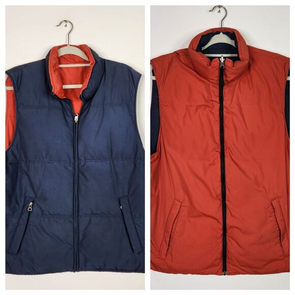 EDDIE‎ BAUER Puffer Vest Mens Large Orange Blue Quilted Zip Jacket Pockets Goose - Picture 1 of 16